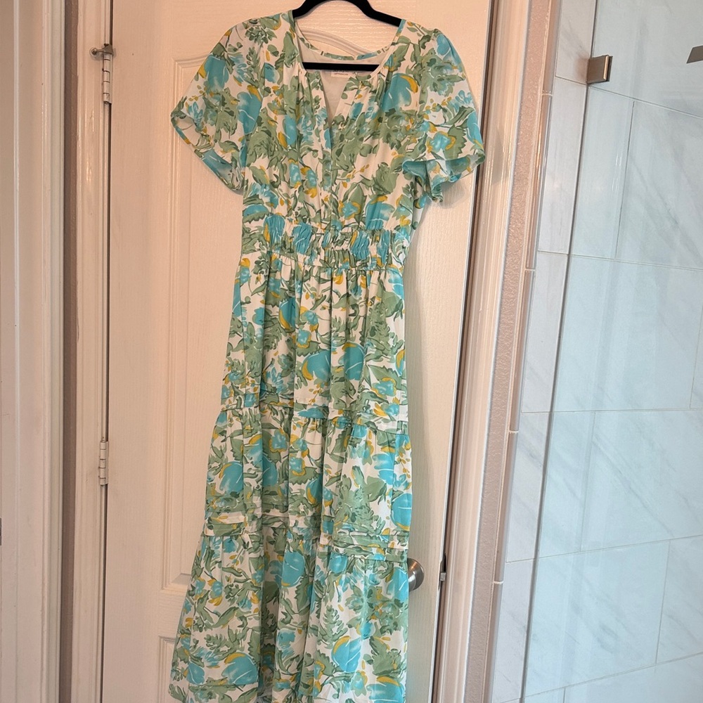 Elegant Floral Maxi Dress in Green and Blue